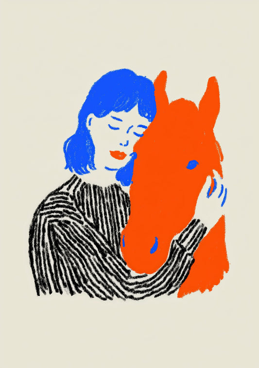 Woman Hugging a Horse Print, Painterly Equestrian Wall Art