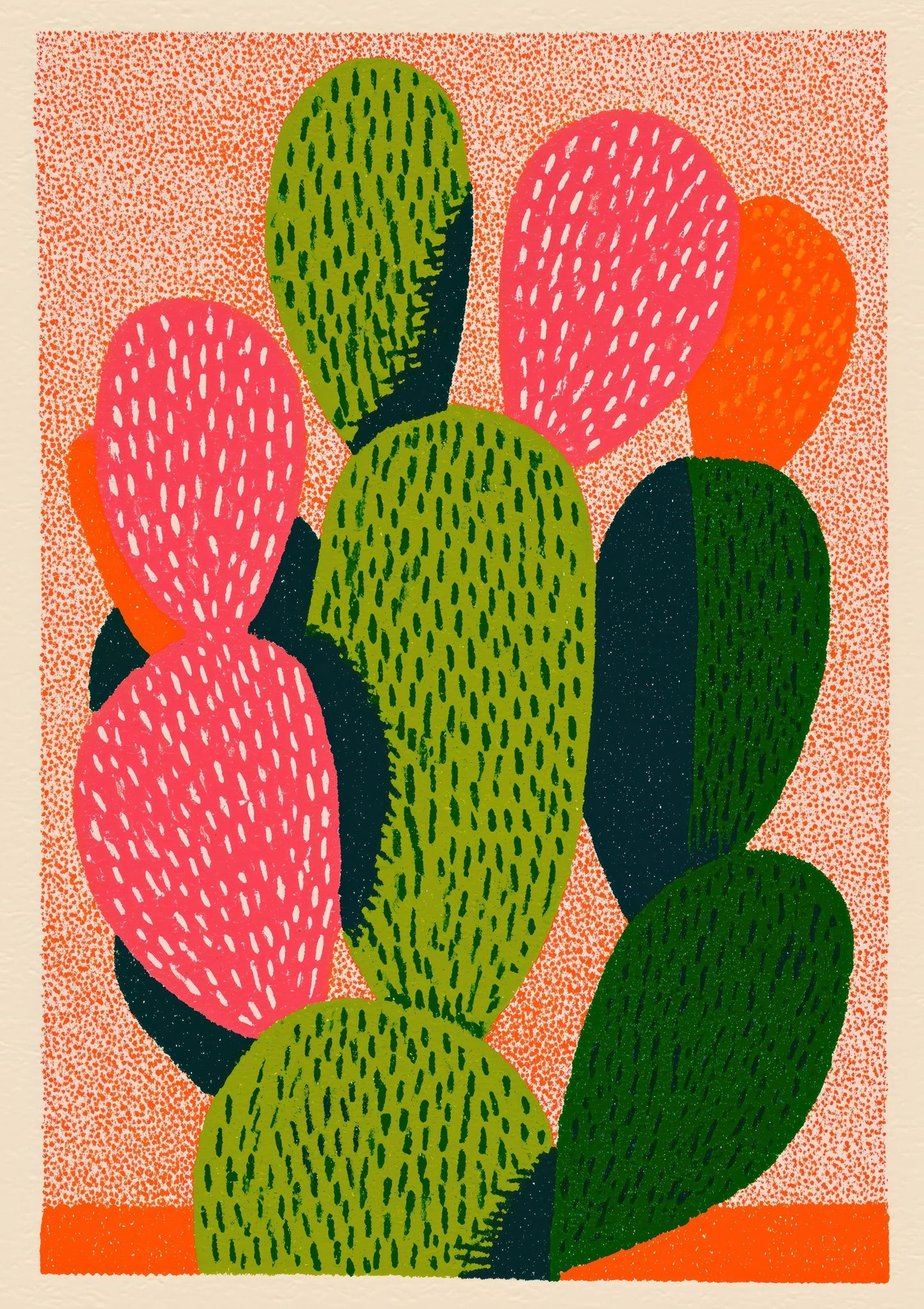 Pink Cactus Linocut Print, Bold Botanical Wall Art