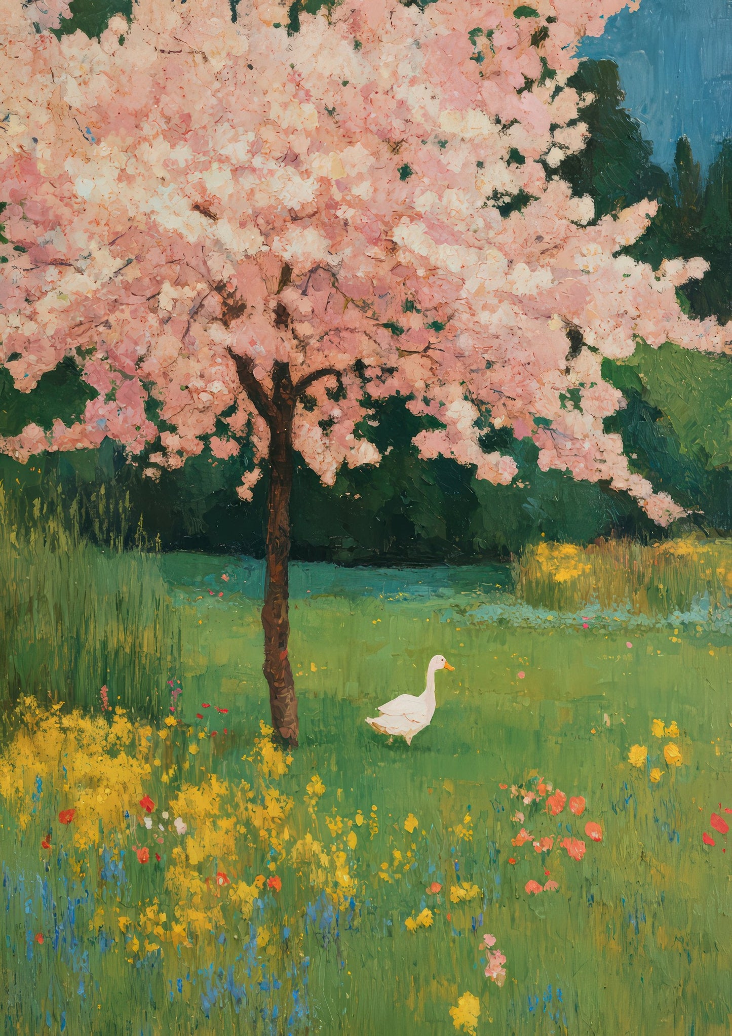 Blossom Tree and Goose Print, Folk Meadow Wall Art