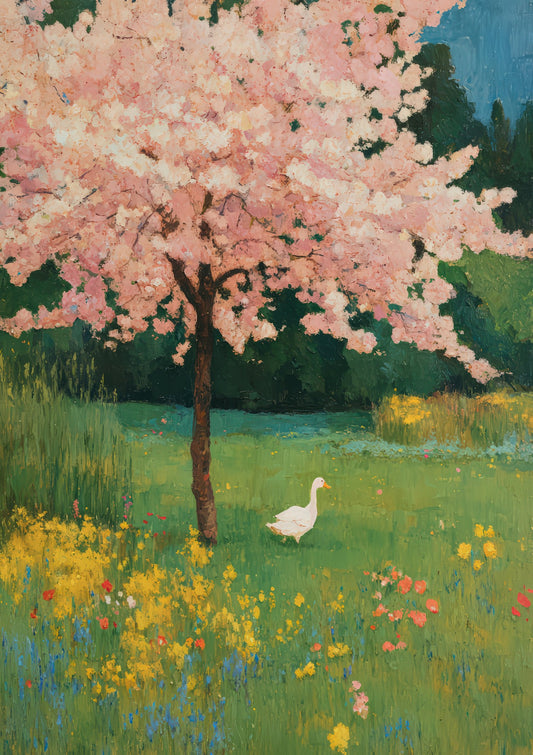 Blossom Tree and Goose Print, Folk Meadow Wall Art
