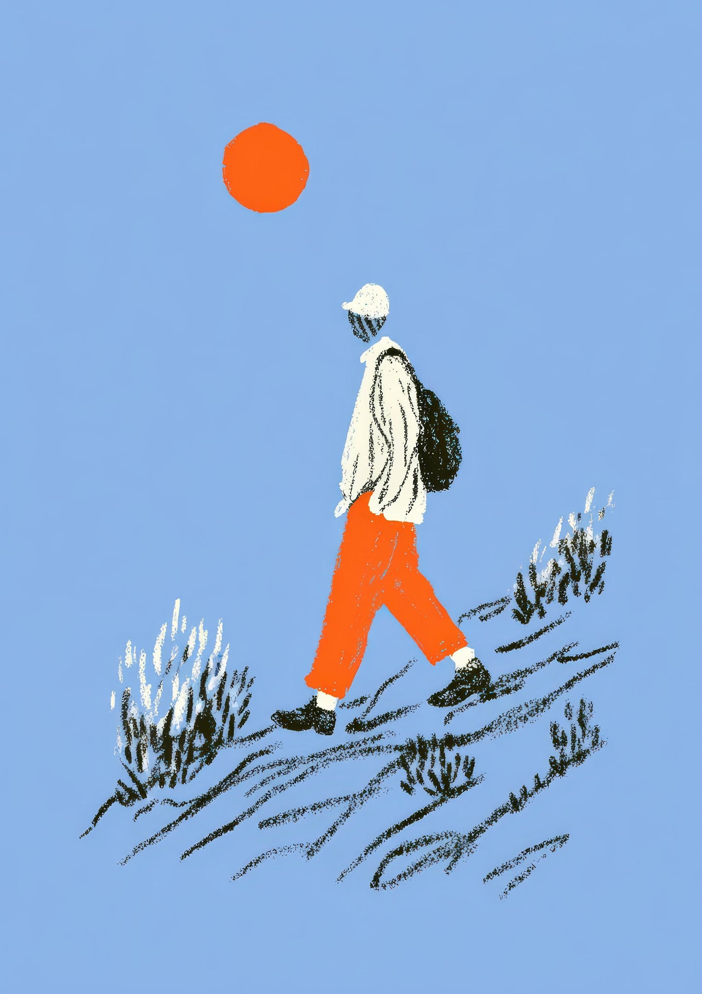 Hiker and Sun Print, Minimalist Figure Wall Art