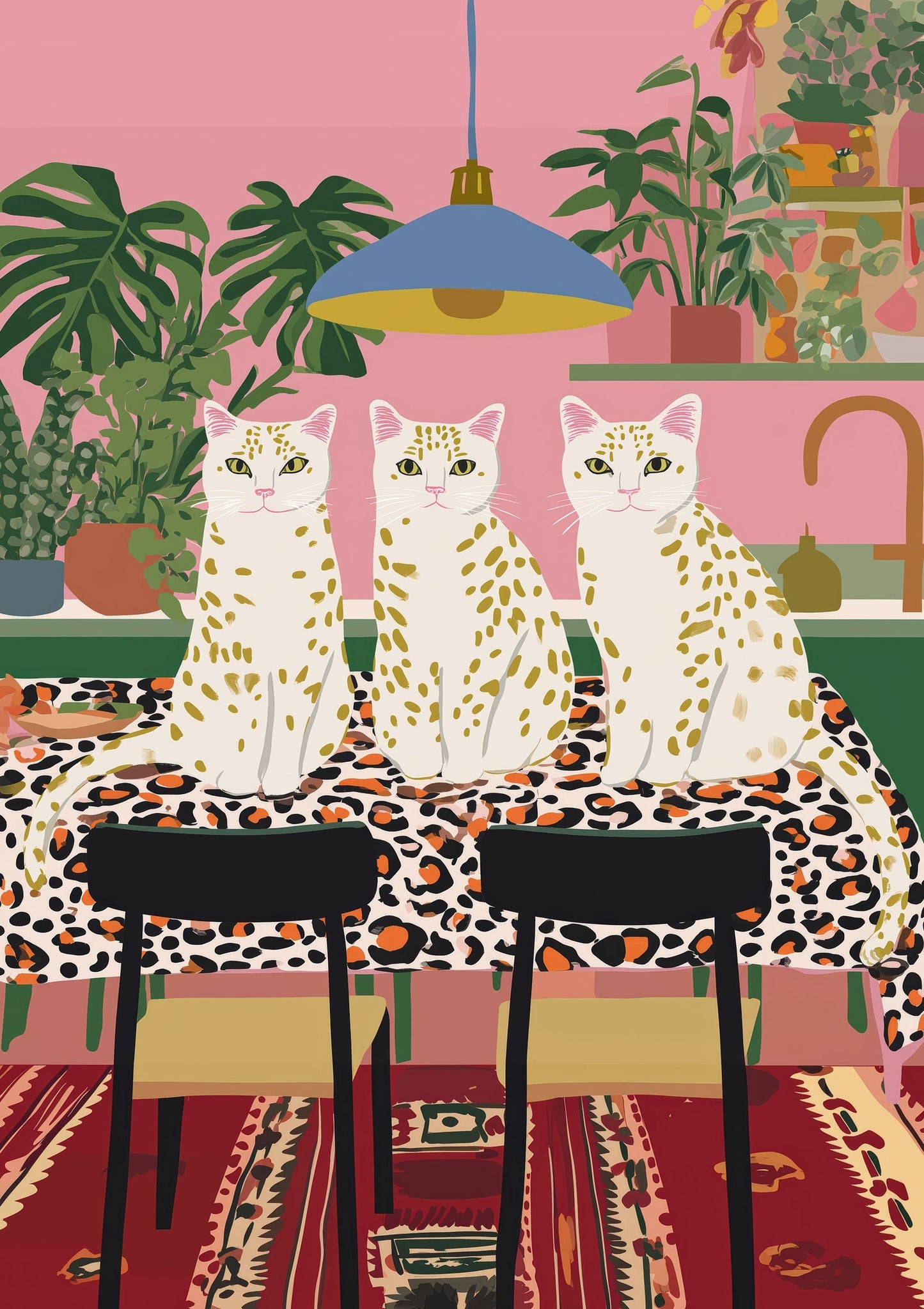 Three White Cats at Dinner Print, Quirky Cat Wall Art