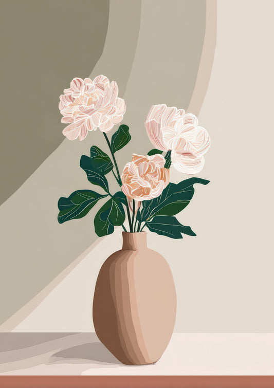 White Peonies Vase Print, Minimalist Floral Wall Art