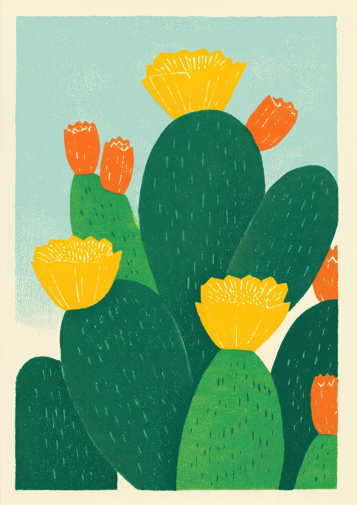 Cactus and Flowers Linocut Print, Bold Botanical Wall Art