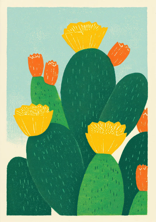 Cactus and Flowers Linocut Print, Bold Botanical Wall Art