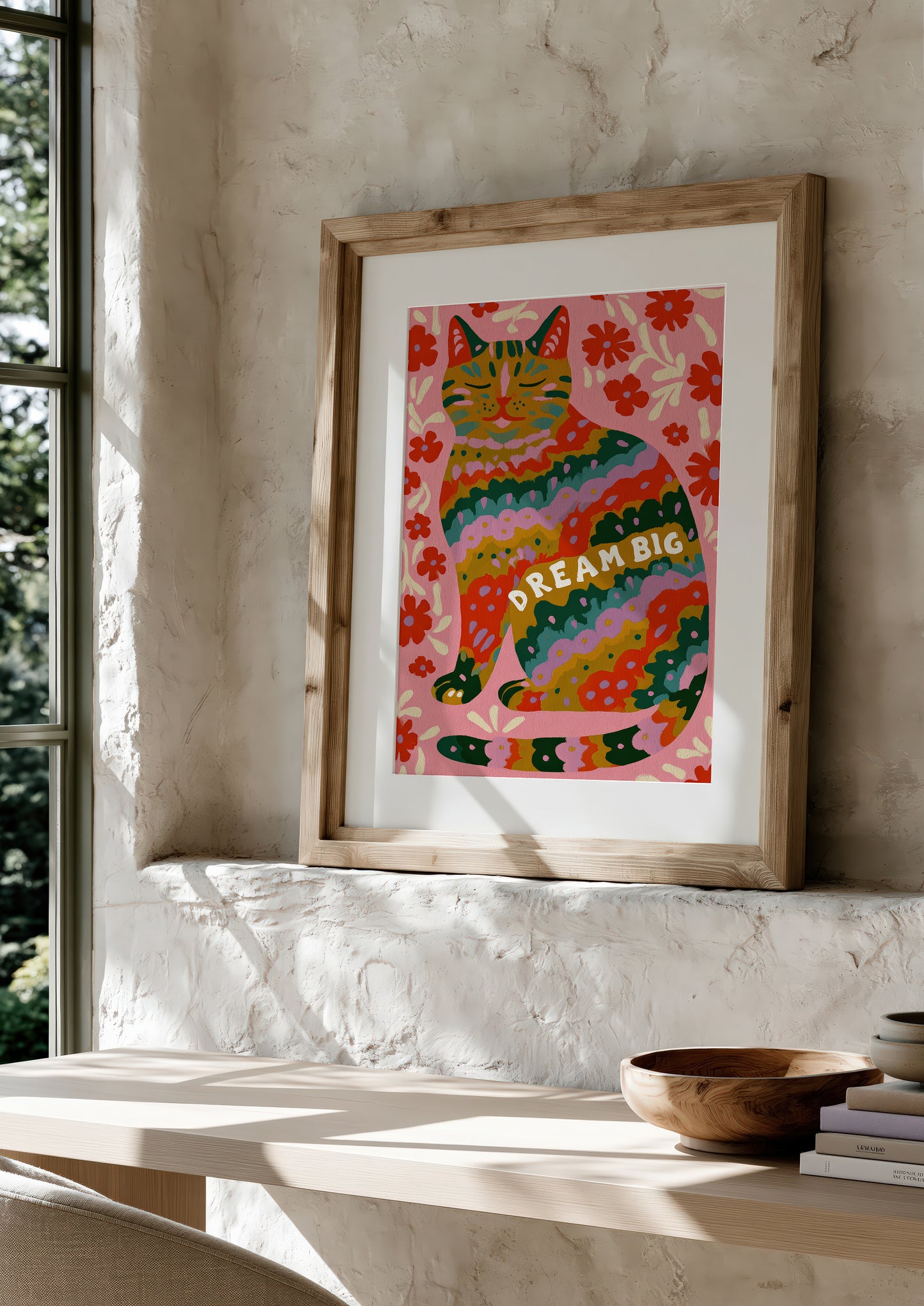Dream Big Ginger Cat Print, Floral Quote Wall Art