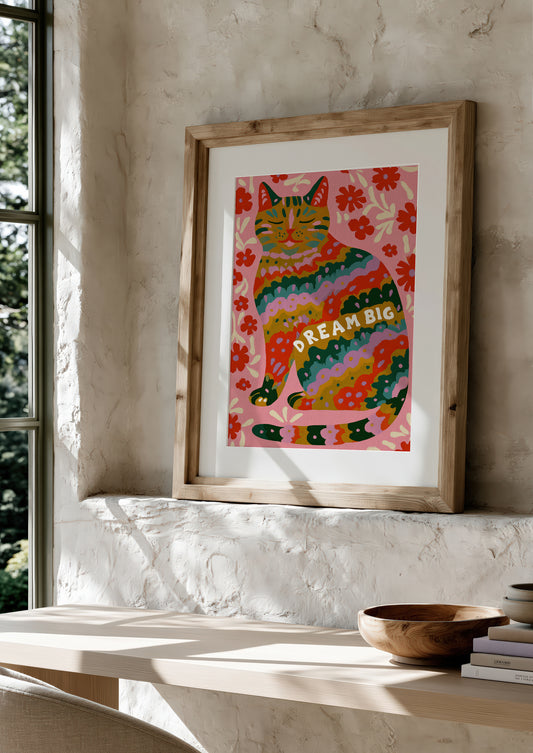 Dream Big Ginger Cat Print, Floral Quote Wall Art