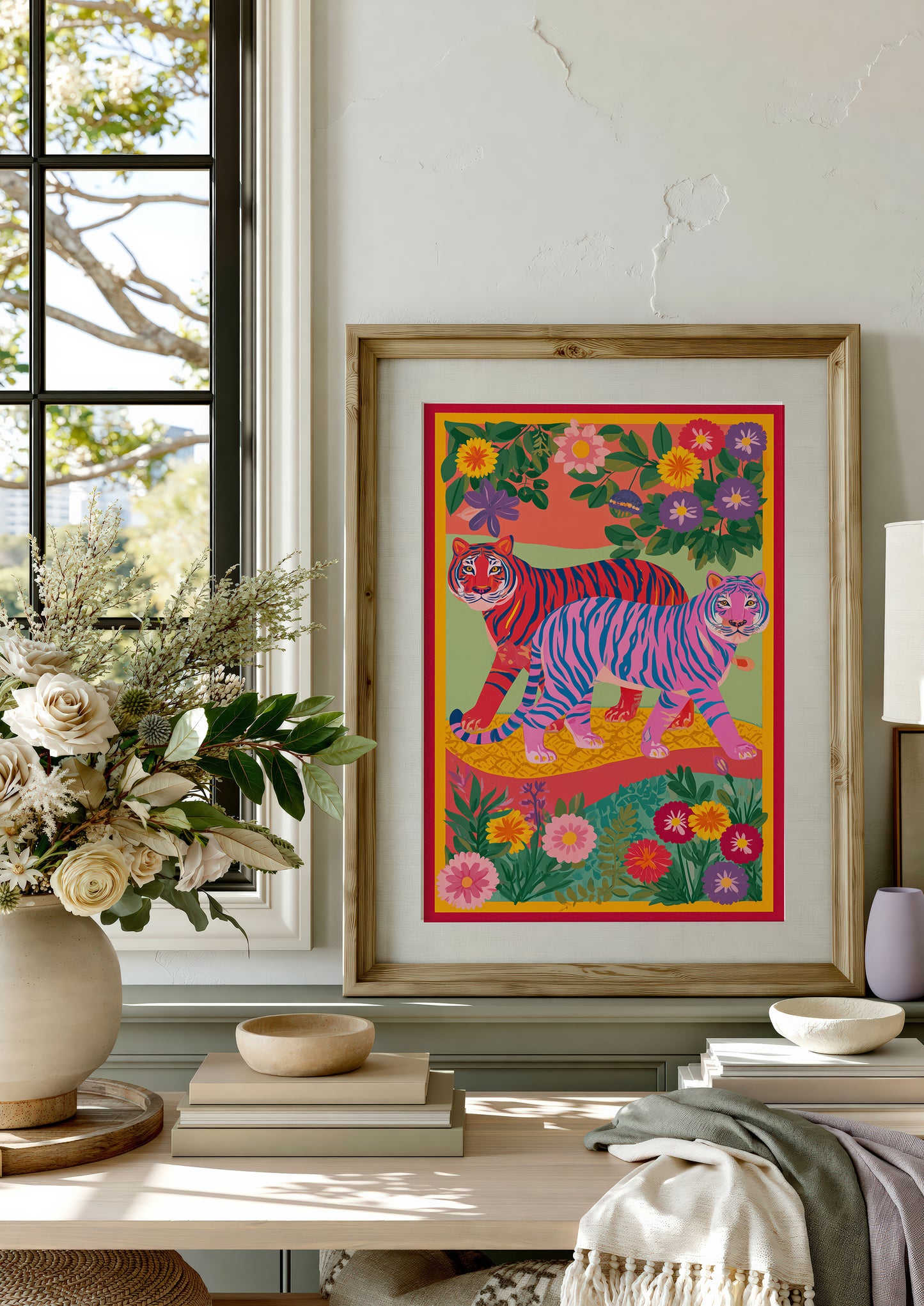 Pink Folk Tiger Print, Nursery Animal Wall Art