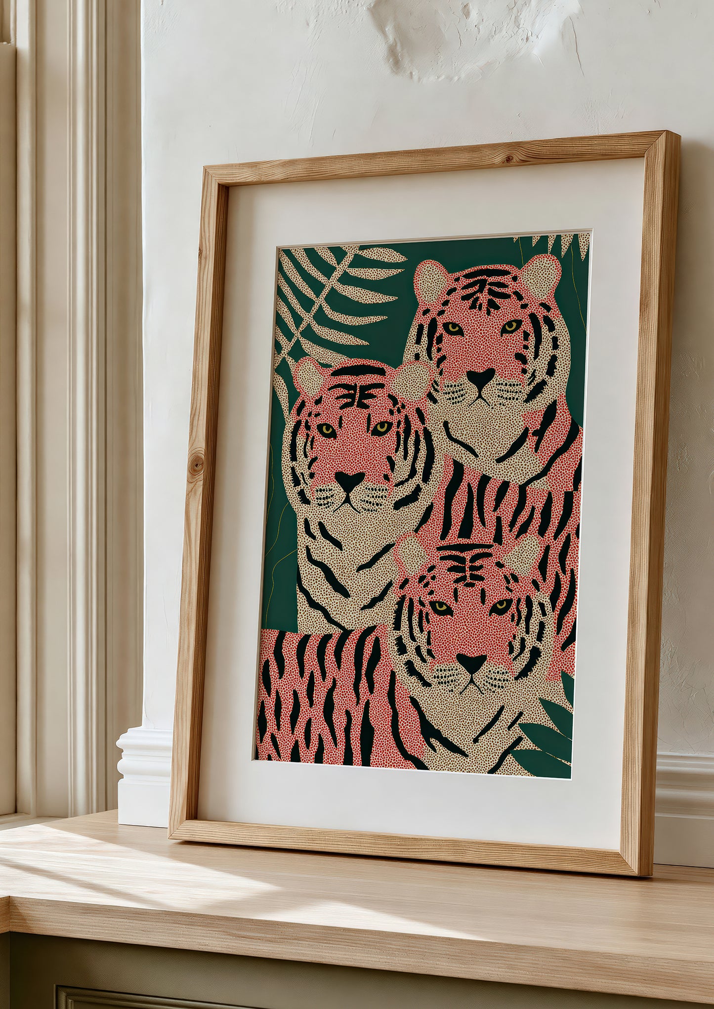Pink Tigers Print, Symmetrical Big Cat Wall Art