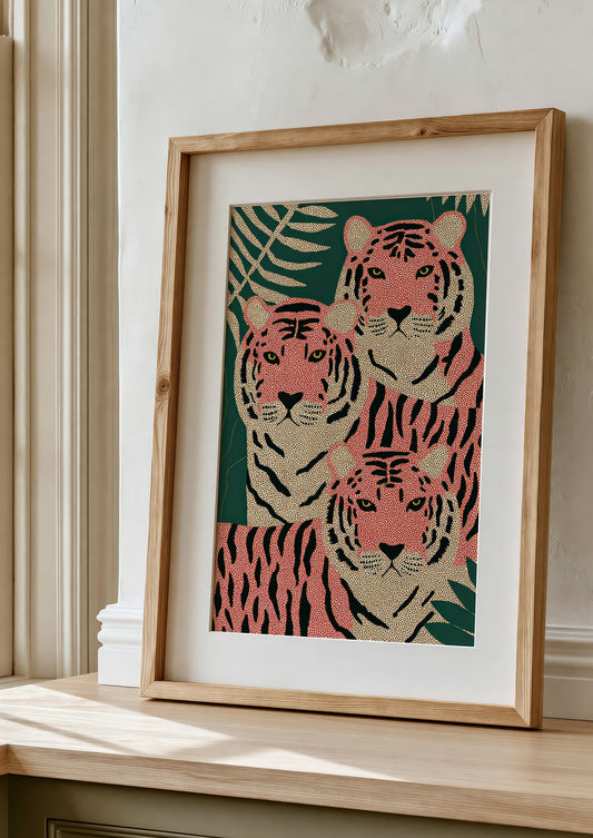 Pink Tigers Print, Symmetrical Big Cat Wall Art