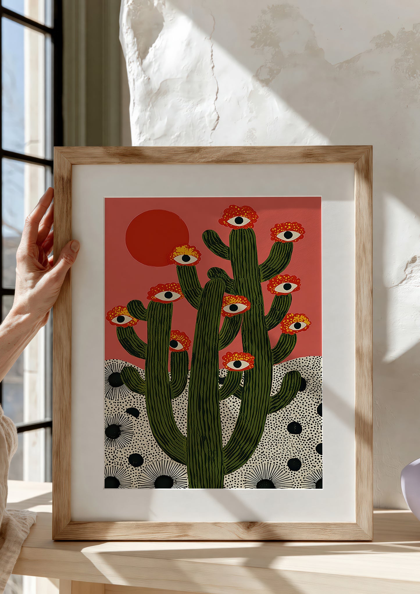Desert Cactus with Eyes Print, Surreal Botanical Wall Art