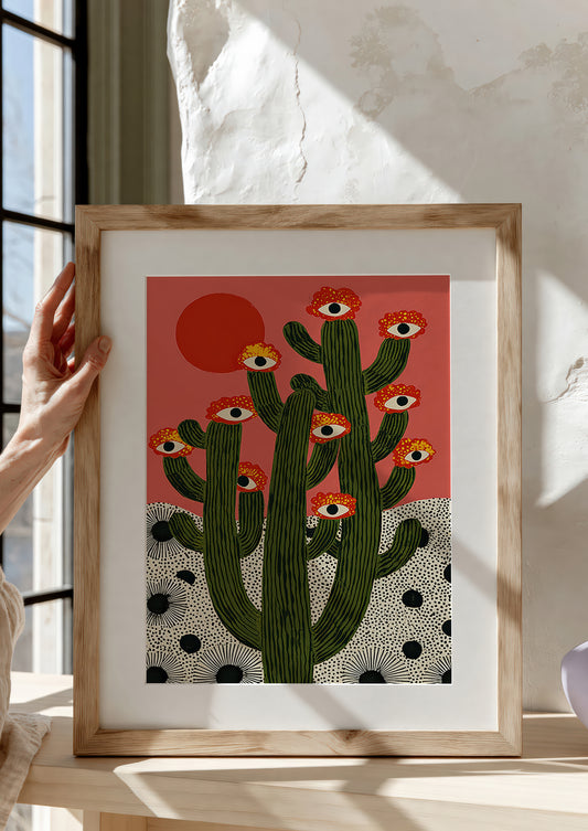 Desert Cactus with Eyes Print, Surreal Botanical Wall Art
