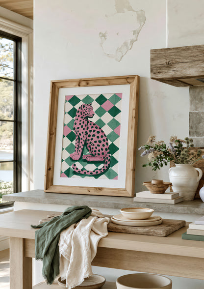 Pink Leopard on Green Checkerboard Print, Bold Maximalist Animal Wall Art
