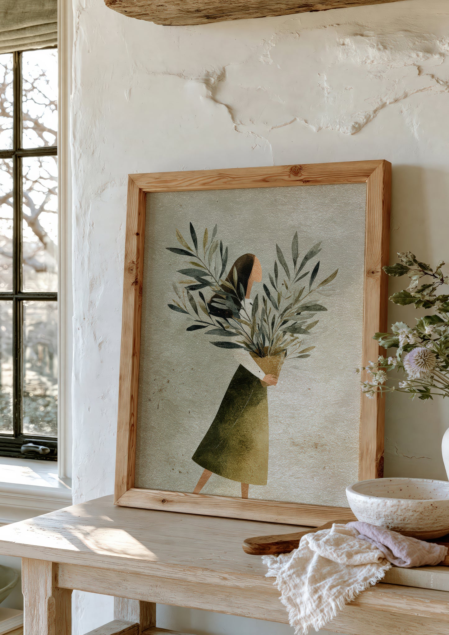 Woman with Olive Branches Print, Folk Figure Wall Art