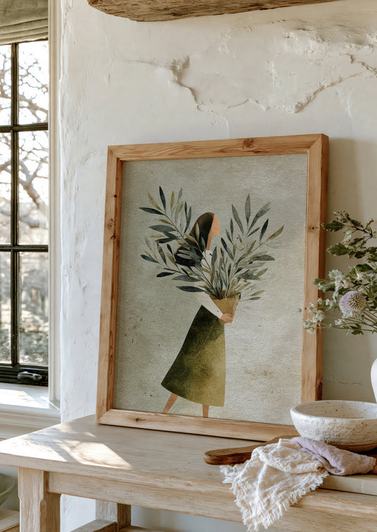 Woman with Olive Branches Print, Folk Figure Wall Art